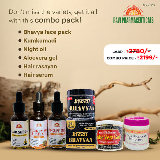 Bhavya, Kumkumadi, Night oil, Aloevera Gel, Hair Rasayan & Hair Serum Combo Pack